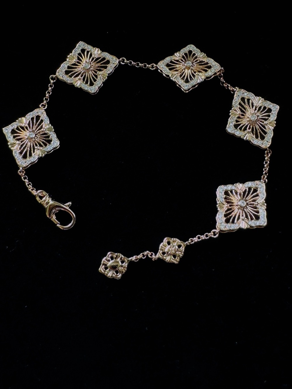 Elegant Rose Gold Floral Filigree Square-Link Bracelet— Red